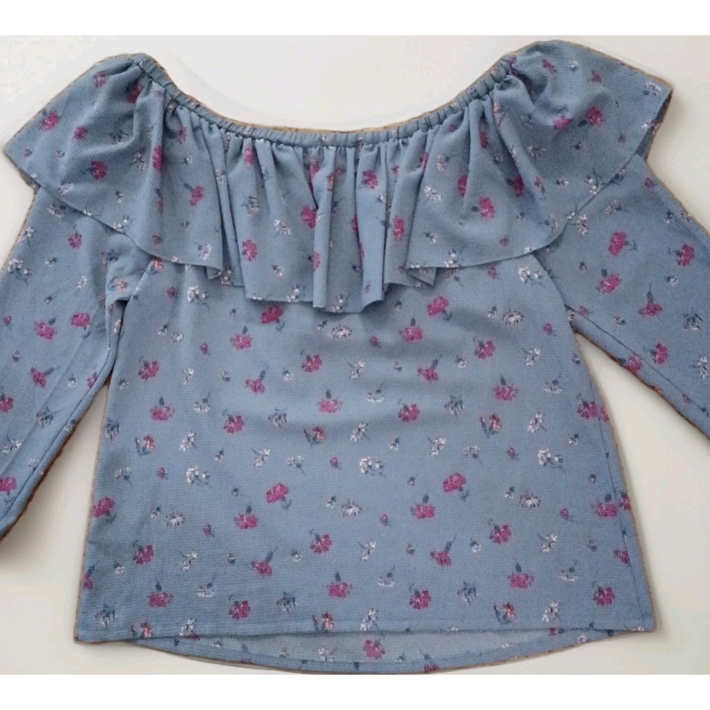 Jill Stuart Women Shirt Top Size M Blue‎ Floral Off Shoulder 3/4 Slv Boho EUC